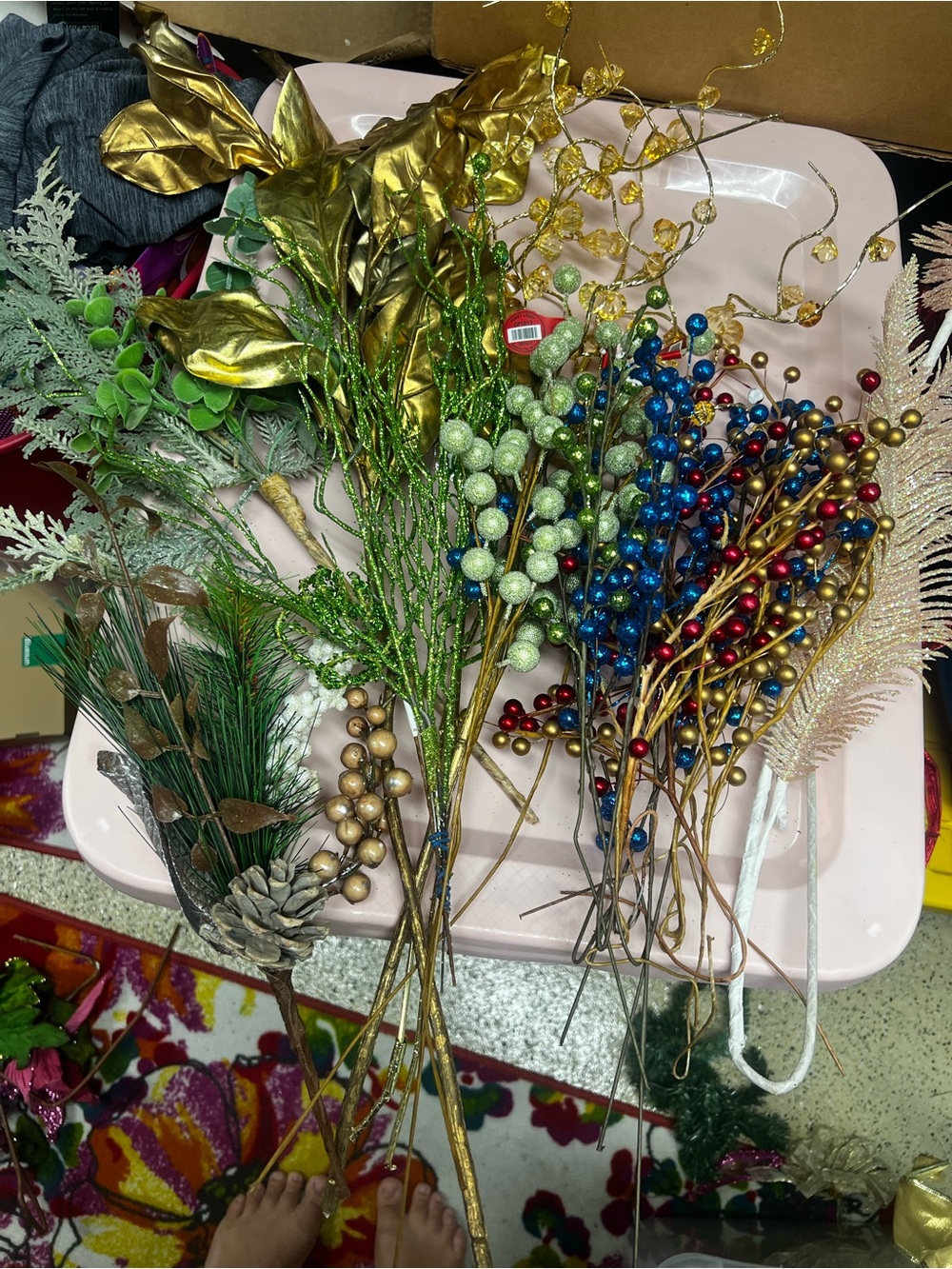 Decorative Holiday Berry and Leaf Stem Bundle - Gold, Green, Blue, Red